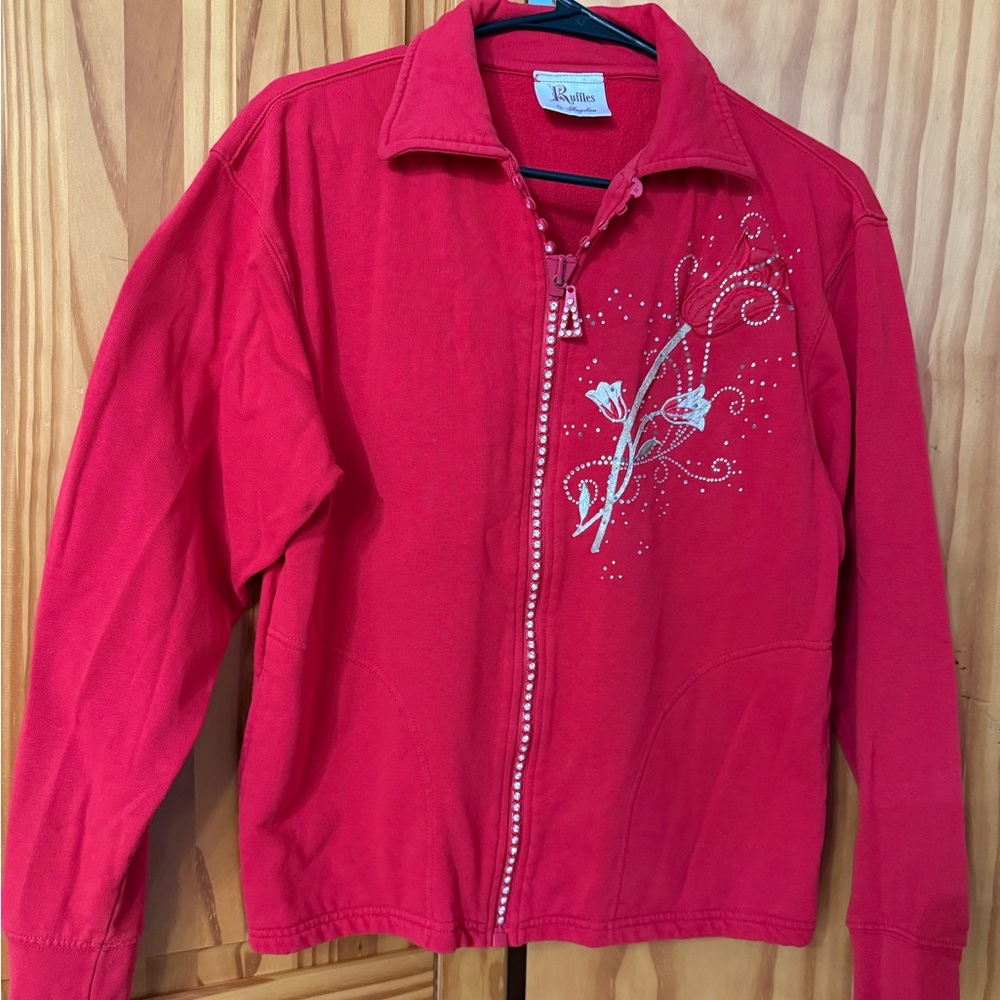 ANGELICA 2-PIECE SET BLING ROSE TEE SHIRT-S JACKET-M WOMEN JEWEL EMBROIDERY RED